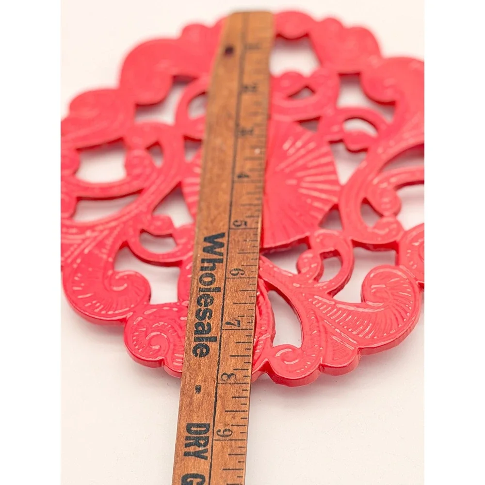 Vintage Red Cast Iron Trivet Round Enamel Filigree Scrollwork 8 Inch Hot Pad